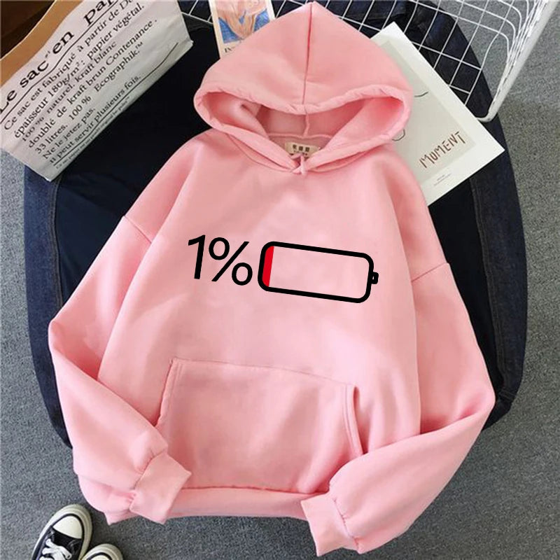 Women's Battery Low Print Long Sleeve Hoodies Autunm Winter Casual Sweatshirt Funny Graphic Y2k Hooded Streetwear Y2k Clothing