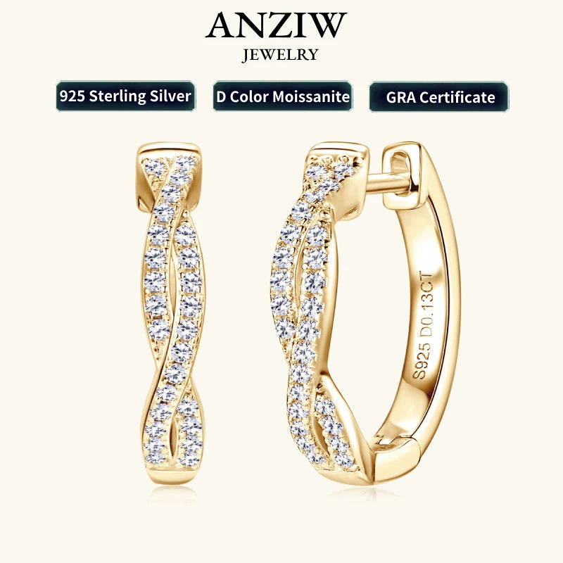 Anziw Infinity Eternity Earrings 925 Sterling Silver 1mm Moissanite Twisted Hoop Earrings for Women 2024 Jewelry New Trendy Gift