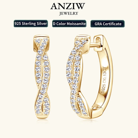 Anziw Infinity Eternity Earrings 925 Sterling Silver 1mm Moissanite Twisted Hoop Earrings for Women 2024 Jewelry New Trendy Gift