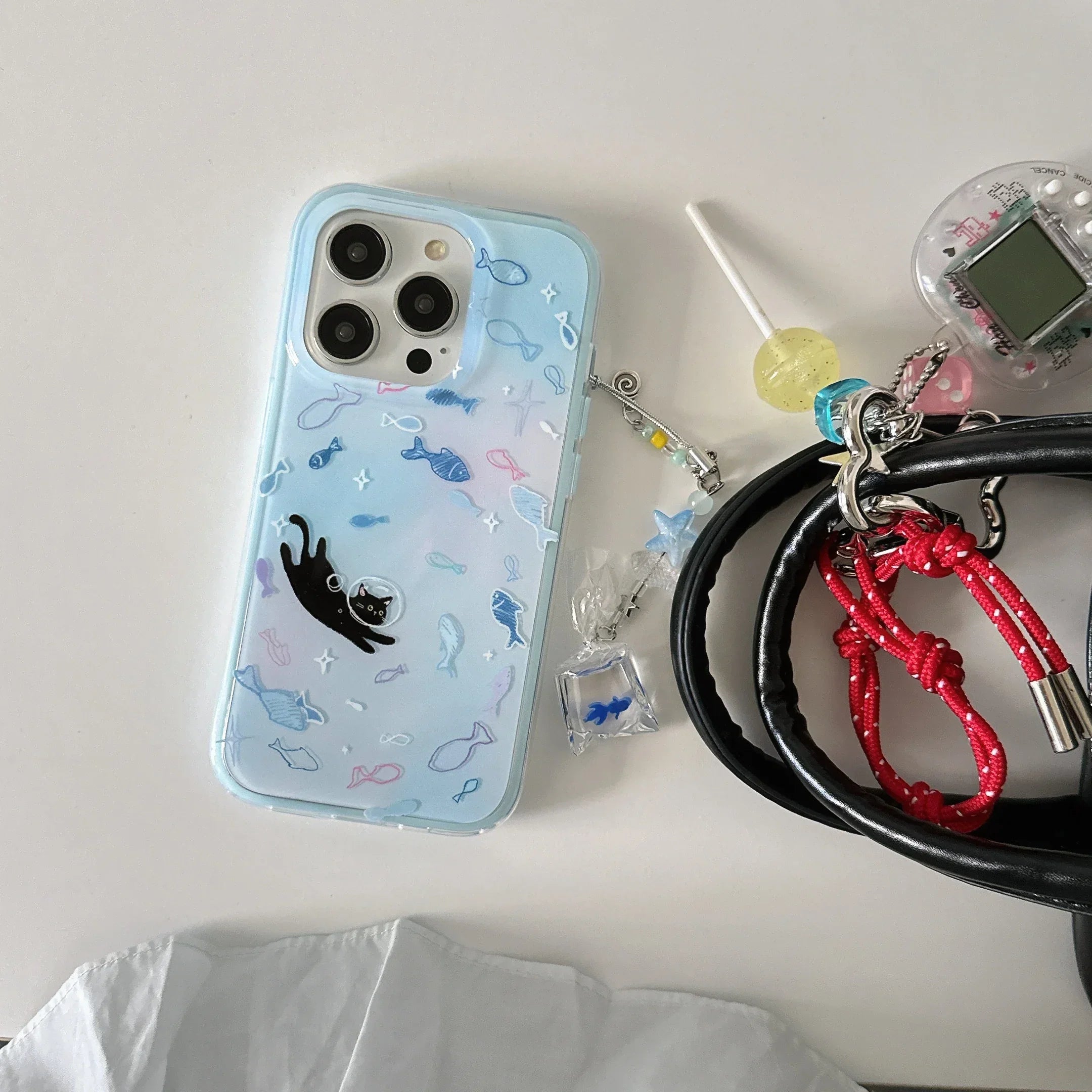 Dreamy Gradient Blue Fish Astronaut Cat Fish Dangle Case for iPhone