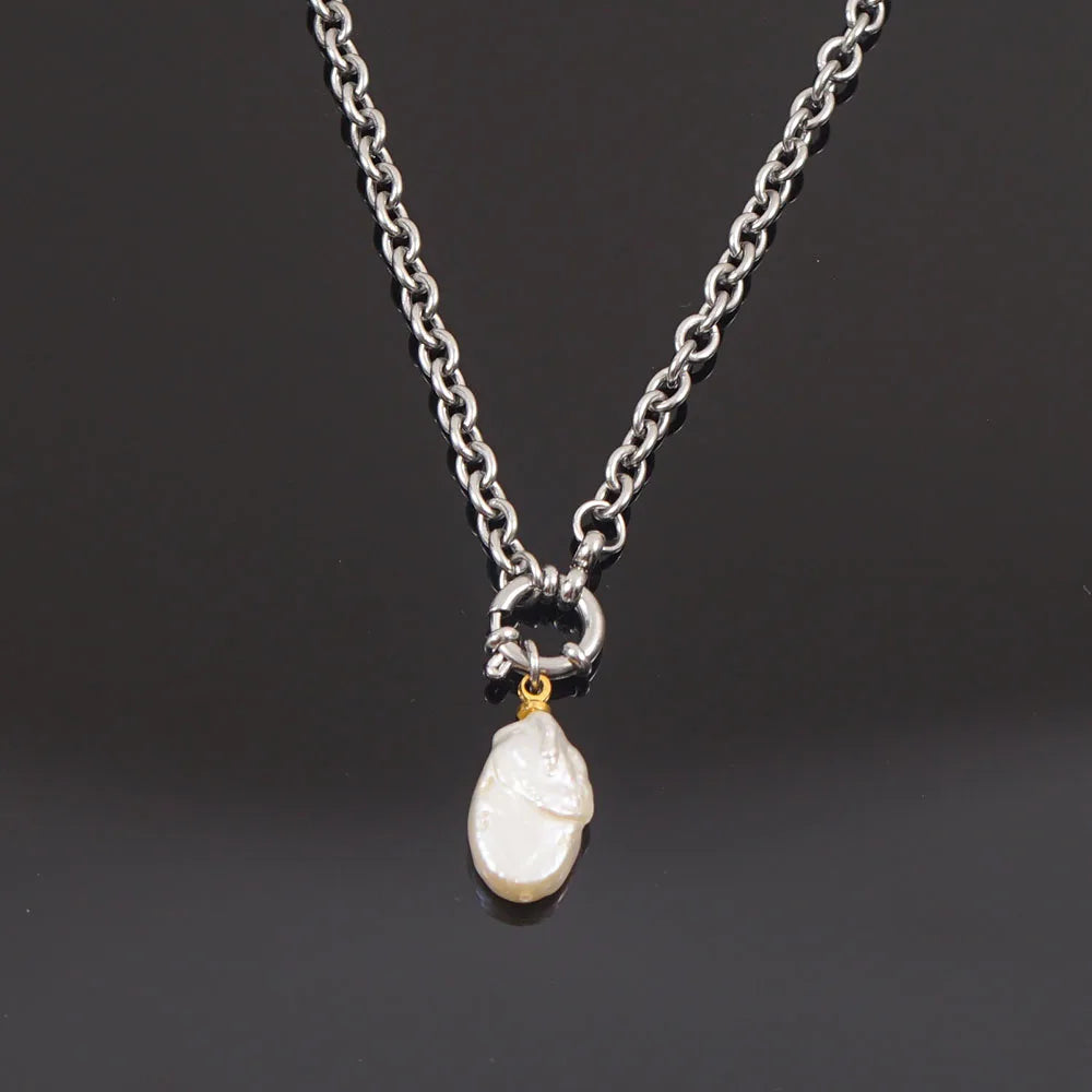 Natural Pearl Necklace For Women Stainless Steel Sailor Clasp Choker Gold/Silver Color Metal Rolo Chian Femme Stone Collier