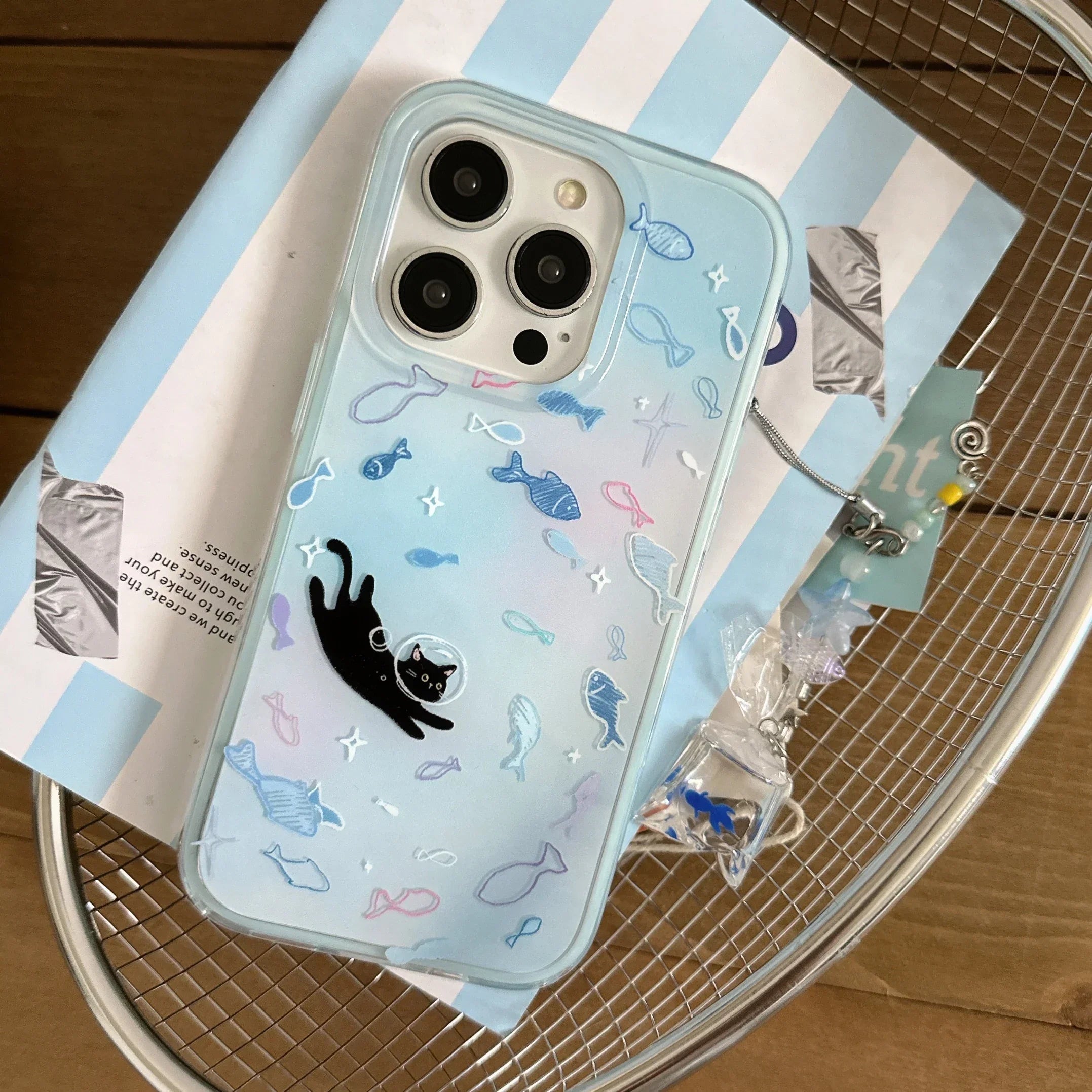 Dreamy Gradient Blue Fish Astronaut Cat Fish Dangle Case for iPhone