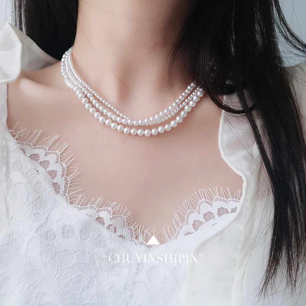 Trend 4-8mm White Pearl Chokers Necklace Clavicle Chain For Women Classic Elegant Wedding Neck Jewelry Love Pendant Gift