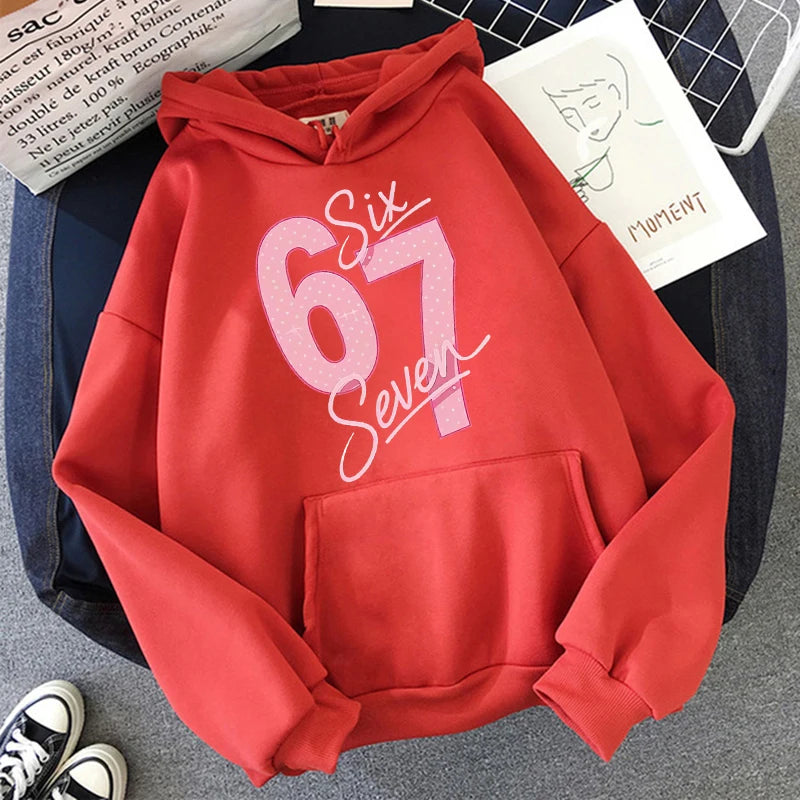 Girls Pink 67 Number Print Hoodies Women's Fashion Casual Sweatshirts Fall Winter Long Sleeve Streetwear Pullovers Clothing