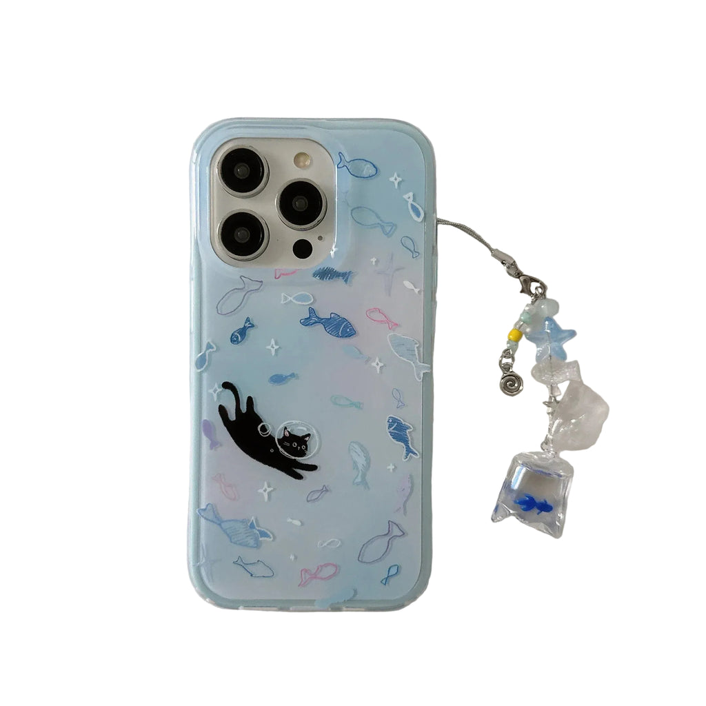 Dreamy Gradient Blue Fish Astronaut Cat Fish Dangle Case for iPhone