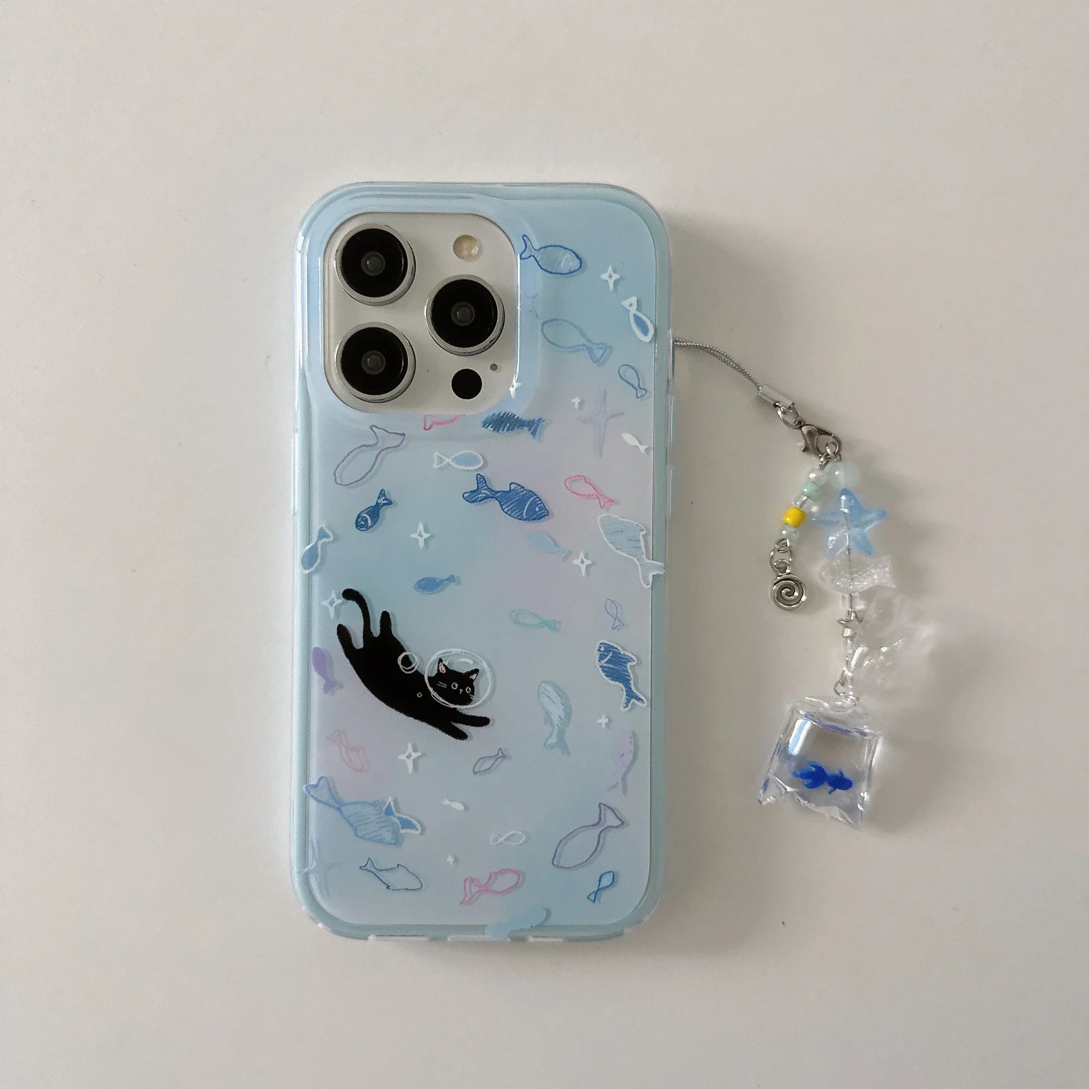 Dreamy Gradient Blue Fish Astronaut Cat Fish Dangle Case for iPhone