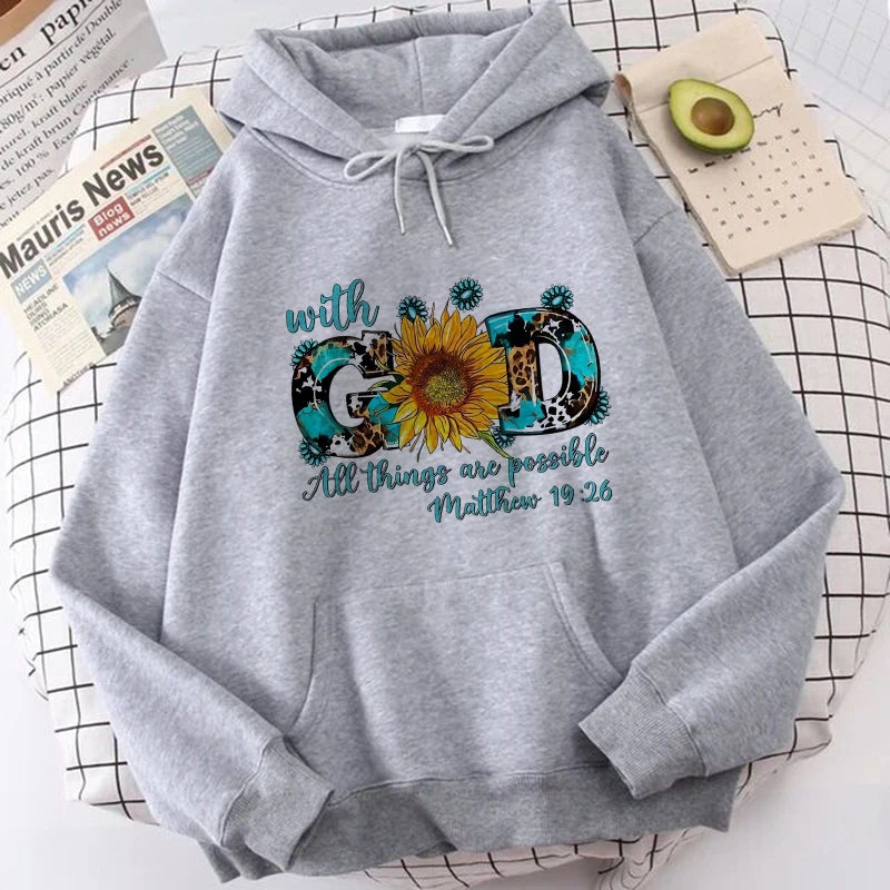With God All Things Are Possible Matthew 19:26 Print Hoodies Women's Funny Graphic Hoody Casual Graphic Pullovers Sweatshirts