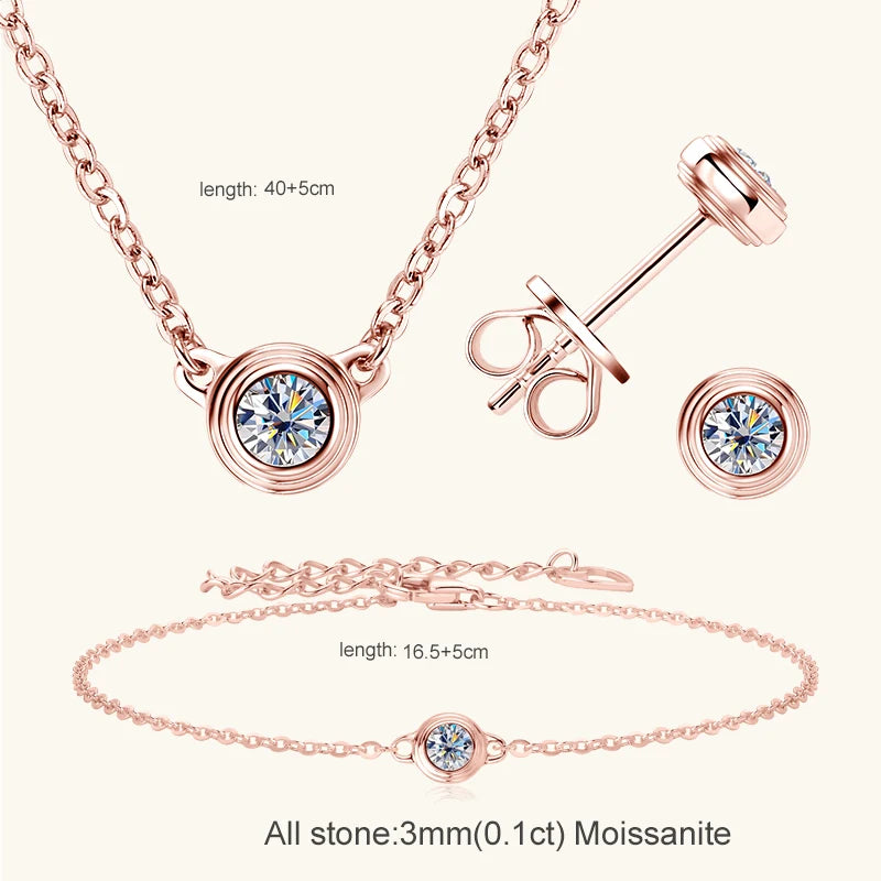 Lnngy 3mm 0.1ct Moissanite Diamond Necklace Bracelet Stud Earring For Women Simple Single Stone Earrings Bracelets Jewelry Set