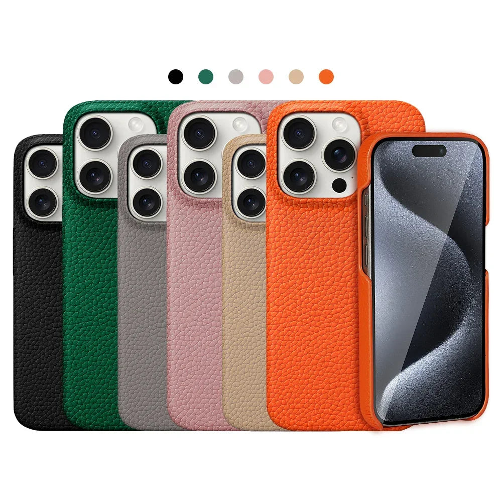 Cowhide Lychee Leather Phone Case for iPhone