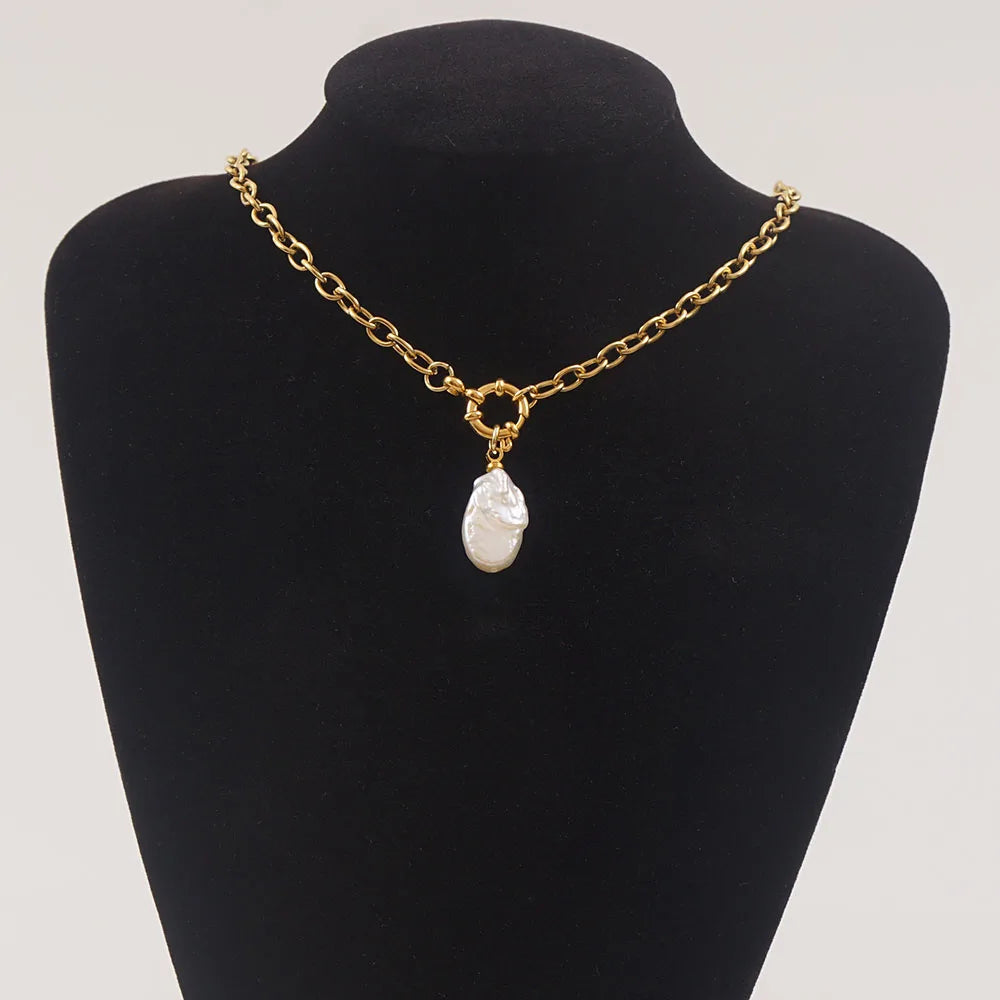 Natural Pearl Necklace For Women Stainless Steel Sailor Clasp Choker Gold/Silver Color Metal Rolo Chian Femme Stone Collier