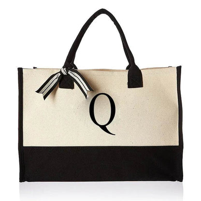 A-Z Canvas Totes bag Fashion Canvas Tote Letters Flower Portable Beach Shoulder Shopping Casual Beach Bag Large Capacity Handbag - Imbasat