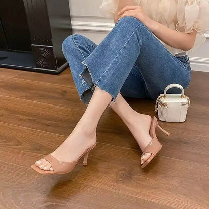 Lacquer Leather High-heeled Sandals for Women's Outdoor Slippers New Summer Versatile Slim Heel Square Toe Open Toe Flip Flops - Imbasat