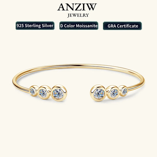Anziw Simple Open Ended Bracelets Cuff Silver 925 D Color Moissanite Bracelet Bangle for Women Luxury Gold Plated Charm Jewelry
