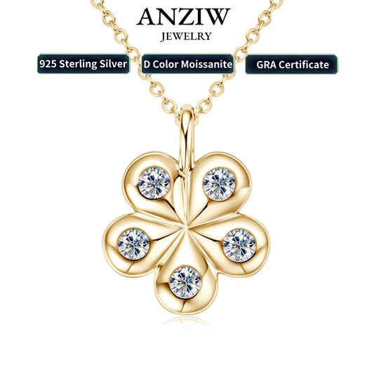 Anziw 925 Sterling Silver Moissanite Necklace Adjustable Chain Flower Petal Pendant Women Wedding Christmas Valentine's Day Gift