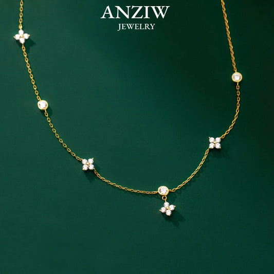 ANZIW Fashion Cute Four-leaf Clover Moissanite Pendant Necklace 925 Sterling Silver Choker For Woman Lucky Charm Jewelry Gifts