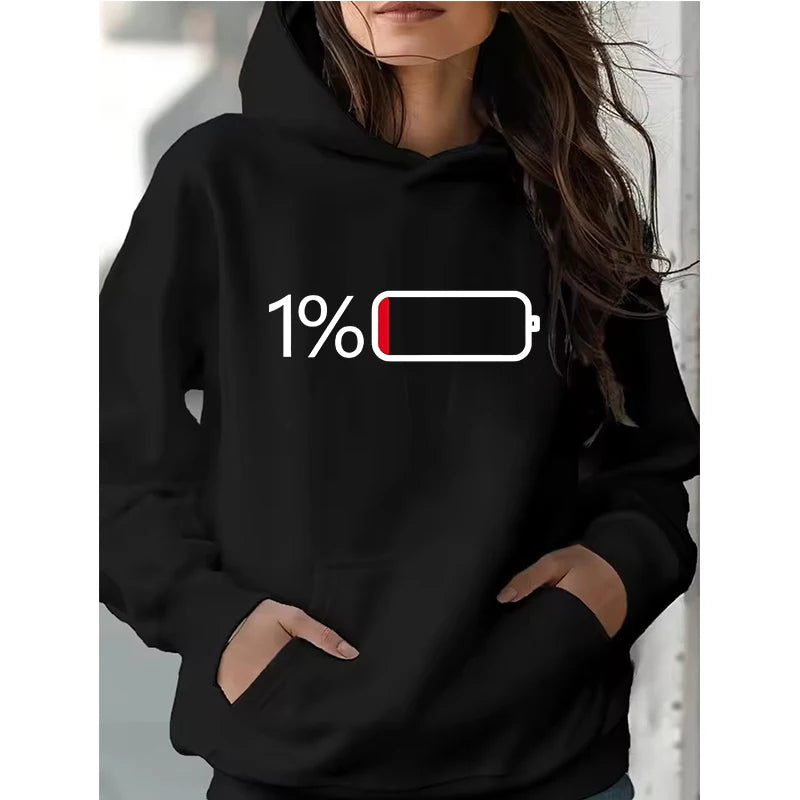 Women's Battery Low Print Long Sleeve Hoodies Autunm Winter Casual Sweatshirt Funny Graphic Y2k Hooded Streetwear Y2k Clothing