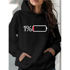 Women's Battery Low Print Long Sleeve Hoodies Autunm Winter Casual Sweatshirt Funny Graphic Y2k Hooded Streetwear Y2k Clothing