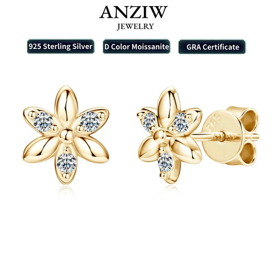 Anziw 2024 Trendy Mini Studs Flower Earrings Real 925 Silver Moissanite Earring Women Original Certified Jewelry Christmas Gift