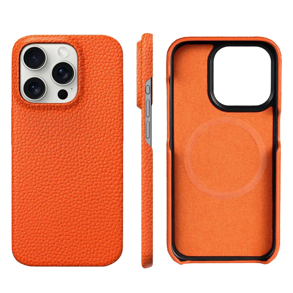 Cowhide Lychee Leather Phone Case for iPhone