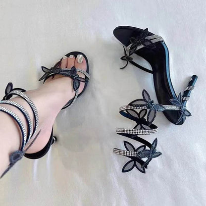 Luxury Crystal Embellished Butterfly Detail Women Sandals Sexy Coiled Strap High heels Gladiator Sandals Summer Party prom Shoes - Imbasat