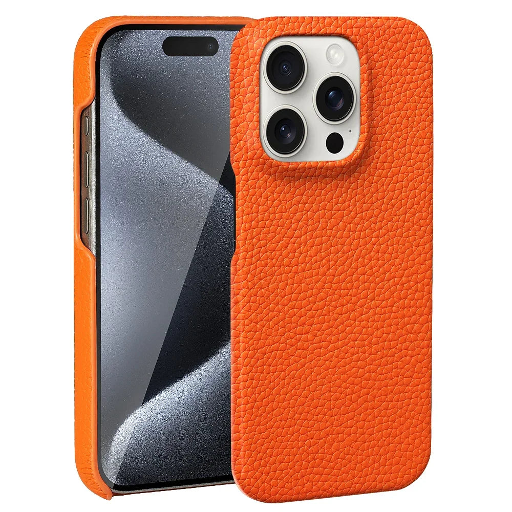 Cowhide Lychee Leather Phone Case for iPhone