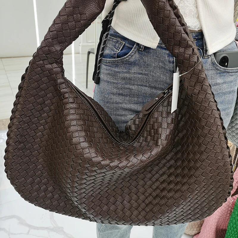 Trendy Woven Hobo Bag for Women Vegan Leather Handmade Tote Handbag Fashion Large Capacity All-Match Shoulder Underarm Bags