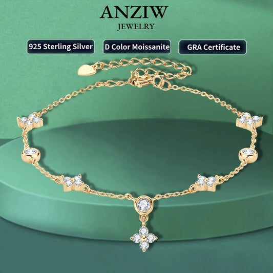 Anziw Silver 925 Four Leaf Clover Bracelet Certified D Color Moissanite Bracelets Gold Plated Charm for Women Lucky Jewelry Gift