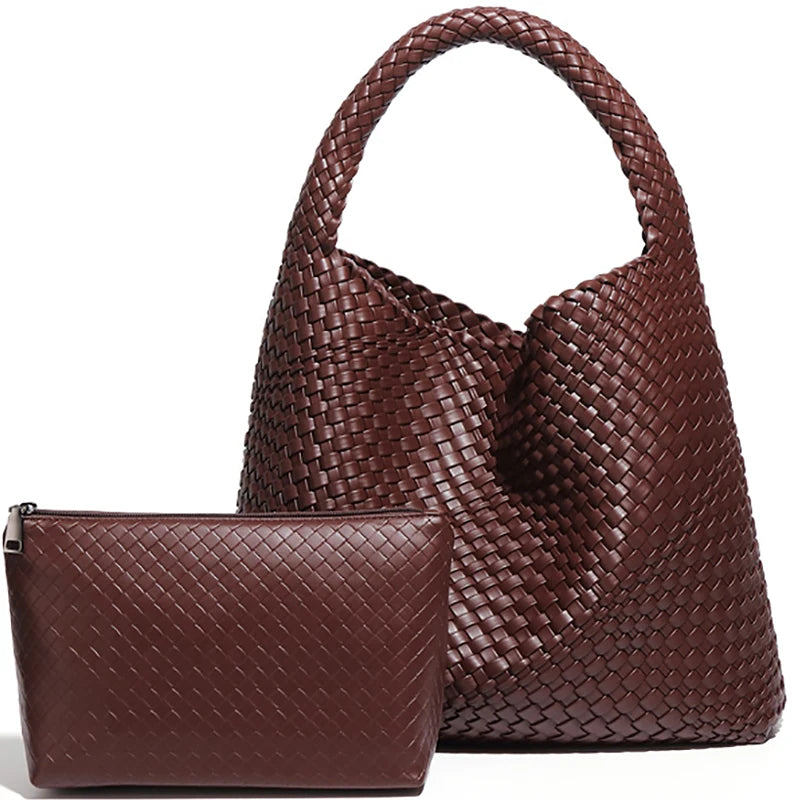 Large Woven Tote Bag for Women with Purse Fashion Shoulder Hobo Underarm Bags Woven Soft Vegan Leather Handbag