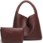 Large Woven Tote Bag for Women with Purse Fashion Shoulder Hobo Underarm Bags Woven Soft Vegan Leather Handbag