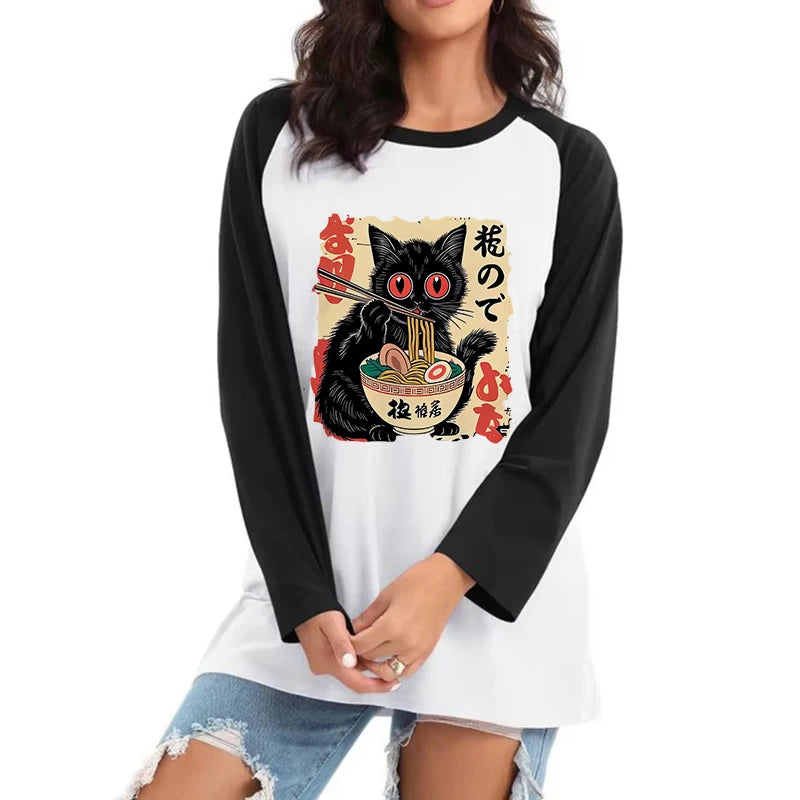 90s Women Japanese Black Cat Ramen T Shirt Cute Graphic Tshirt Funny Cat Eating Ramen T-shirt Printing Long Sleeve Tees Tops