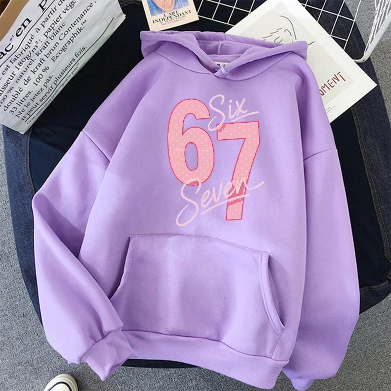 Girls Pink 67 Number Print Hoodies Women's Fashion Casual Sweatshirts Fall Winter Long Sleeve Streetwear Pullovers Clothing