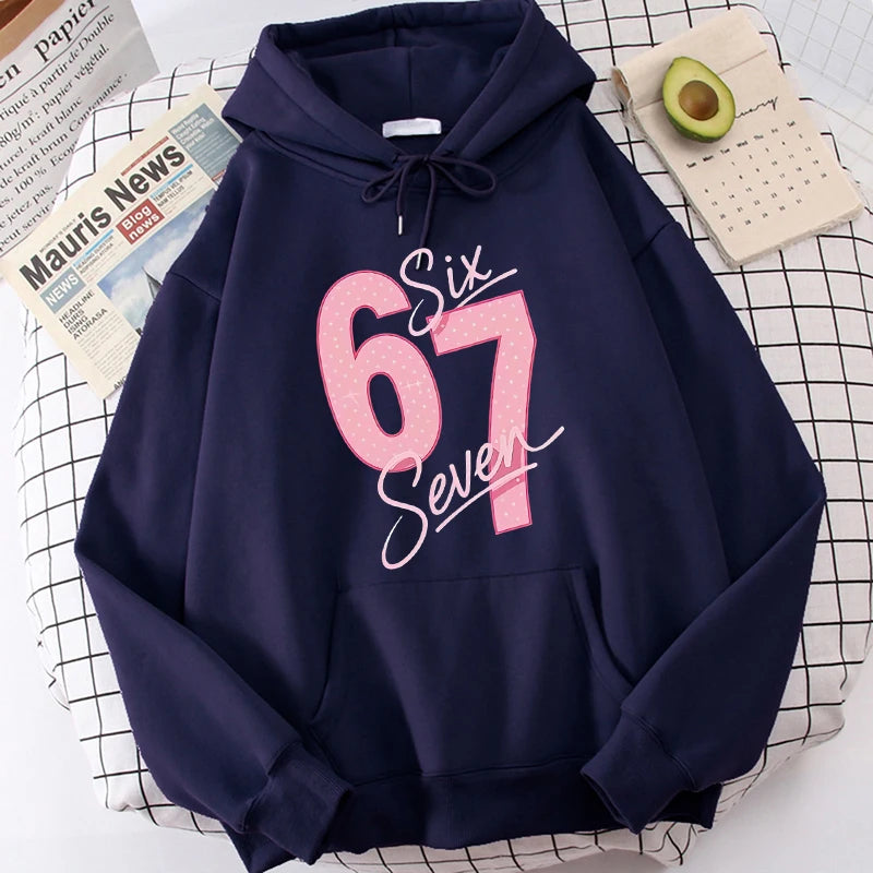 Girls Pink 67 Number Print Hoodies Women's Fashion Casual Sweatshirts Fall Winter Long Sleeve Streetwear Pullovers Clothing