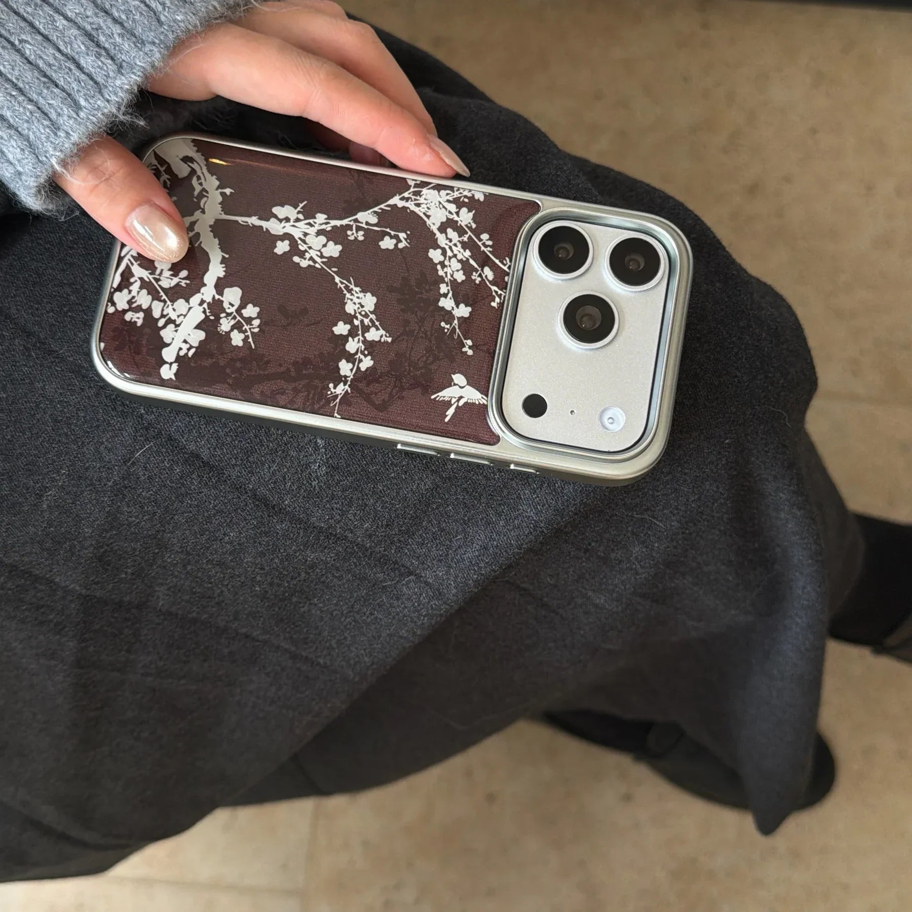 Elegant Plum Blossom Burgundy Bird & Branch Traditional Art Case for iPhone