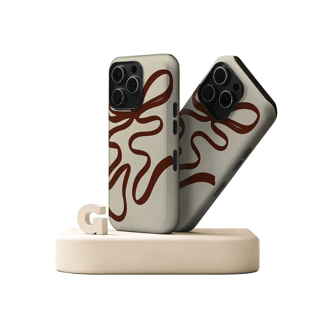 Phone case with brown abstract design on a beige background, featuring 'CASEGAME' branding.