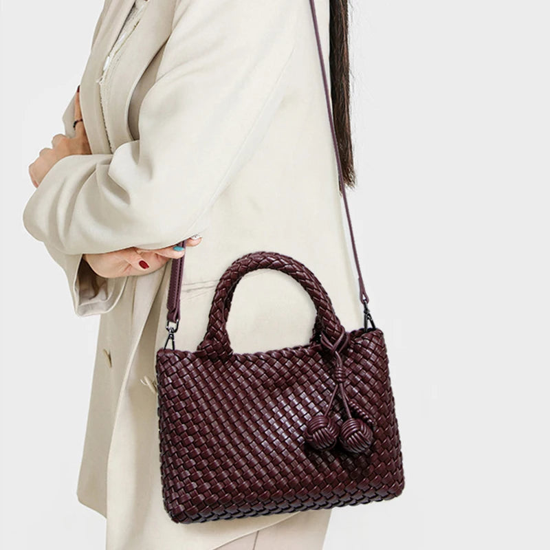 Woven Shoulder Bag for Women Vegan Leather Tote Bag Womens Crossbody Bag with Mini Handmade Purse for Travel Work