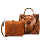 Top Handle Handbag Set Large Shoulder Bag Vegan Leather Ladies Bucket Hobo Tote with Floral Embroidery for Everyday Use