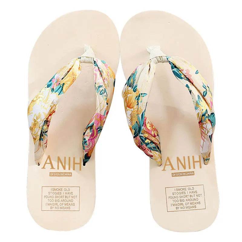 Women's Summer Fashion EVA Slipper Bohemian Satin Ribbon Female Flip Flop 2023 Bronzing Beach Simple Leisure Women Shoes - Imbasat