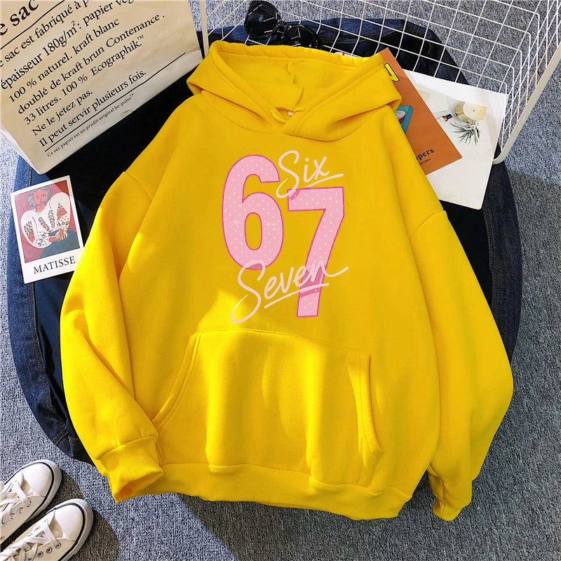 Girls Pink 67 Number Print Hoodies Women's Fashion Casual Sweatshirts Fall Winter Long Sleeve Streetwear Pullovers Clothing