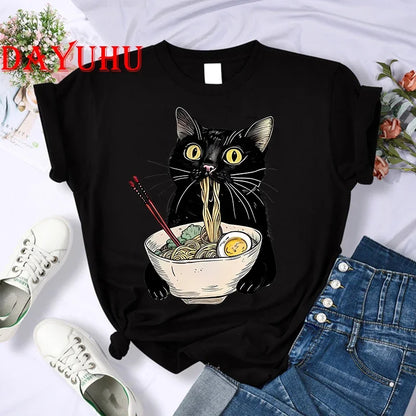 Women Noodle Ramen Cat T-Shirt Foodie Lover T Shirts Black Cat Noodle T-Shirts Retro Casual Short Sleeve Tshirt Women Clothes