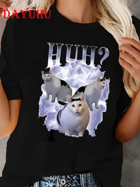 Tshirt Cat Saying Huh? Funny Meme T-shirt Women Breathable Short Sleeve T Shirts Fashion Harajuku Tee Shirt
