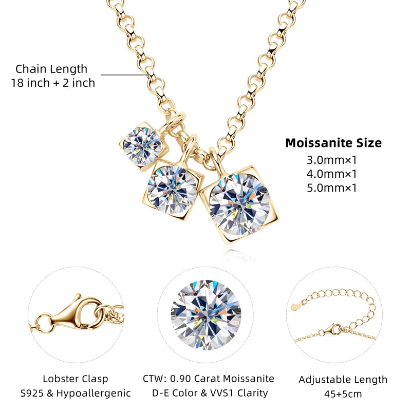 2024 New D0.90CT 3 Stones Pendant Necklace 925 Sterling Silver for Women D Color Round Moissanite Necklace Trend Fine Jewelry