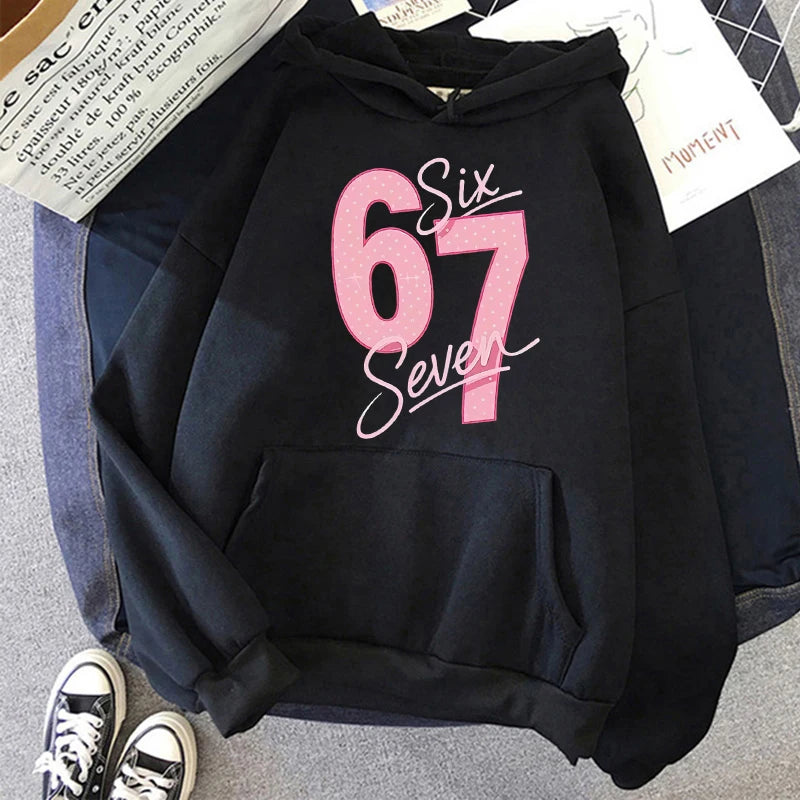 Girls Pink 67 Number Print Hoodies Women's Fashion Casual Sweatshirts Fall Winter Long Sleeve Streetwear Pullovers Clothing