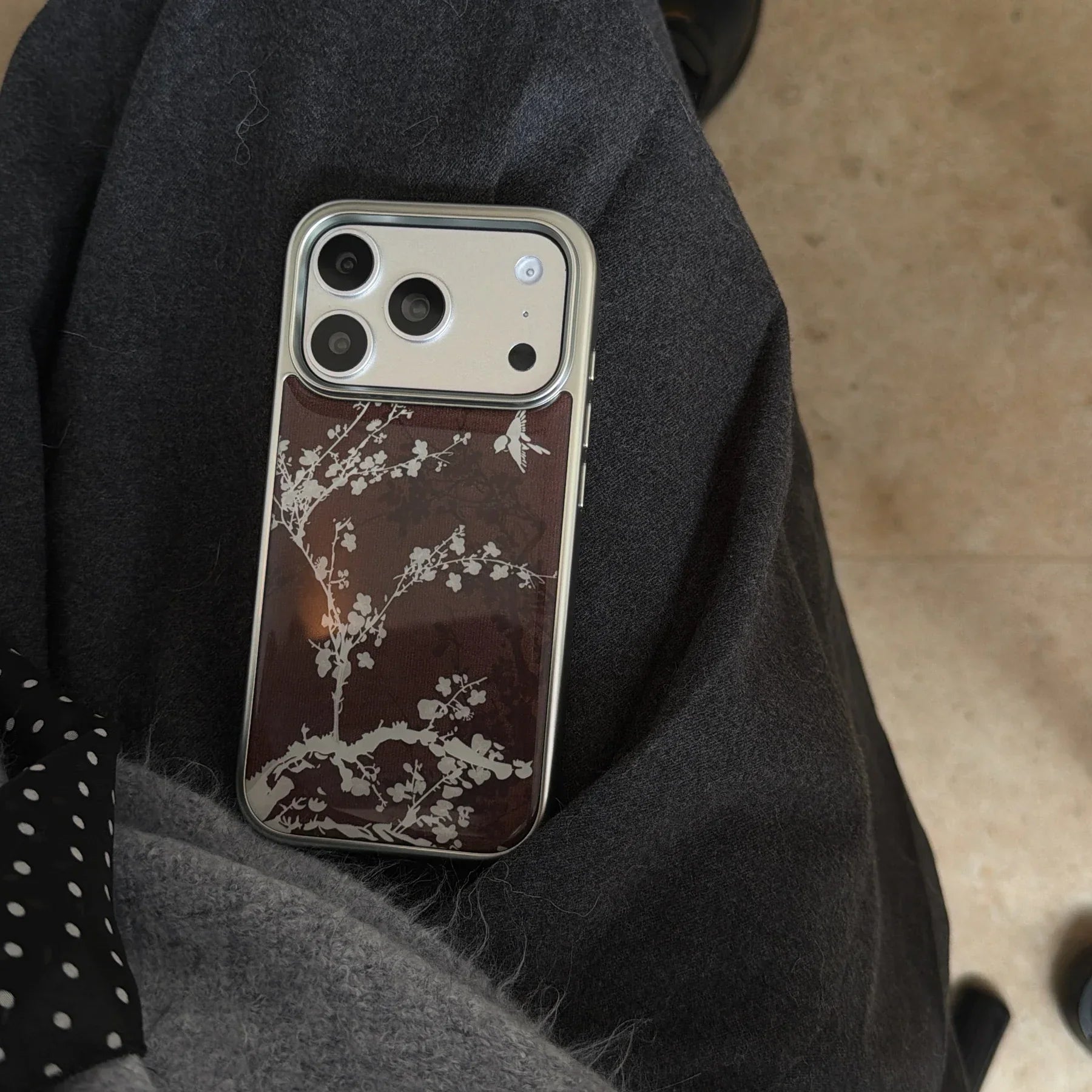 Elegant Plum Blossom Burgundy Bird & Branch Traditional Art Case for iPhone