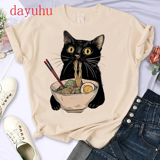 Women Noodle Ramen Cat T-Shirt Foodie Lover T Shirts Black Cat Noodle T-Shirts Retro Casual Short Sleeve Tshirt Women Clothes