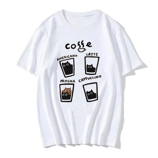 2025 New in Fashion Women Cat Coffee T Shirt Fashion O-Neck Tshirts Summer Tops Fashion Street  T-Shirts