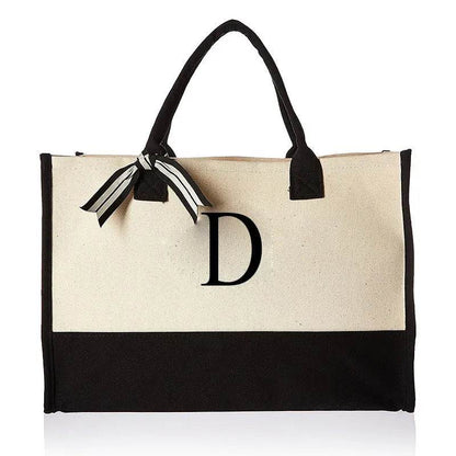A-Z Canvas Totes bag Fashion Canvas Tote Letters Flower Portable Beach Shoulder Shopping Casual Beach Bag Large Capacity Handbag - Imbasat