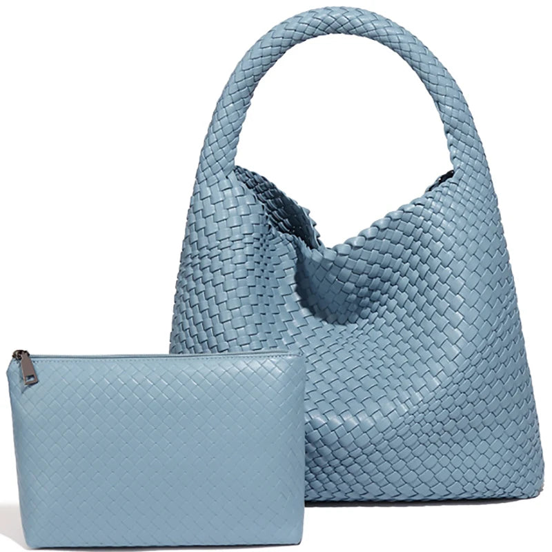 Large Woven Tote Bag for Women with Purse Fashion Shoulder Hobo Underarm Bags Woven Soft Vegan Leather Handbag