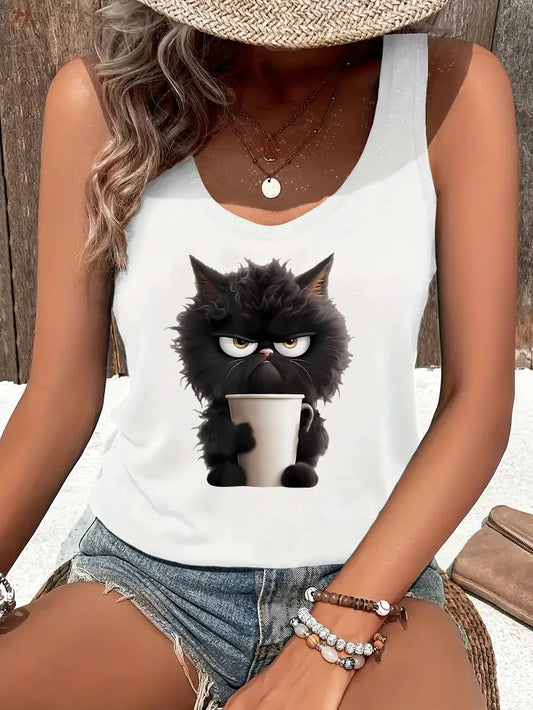 Tank Top Funny Vest Funny Cat Women Summer White Print T-shirt Girl Casual O Neck Top for Summer Female Animal Clothing