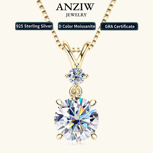 Anziw 1CT 2CT 3CT Moissanite Pendant Necklace for Women 925 Silver Adjustable Chain Sparking Two Stones Necklaces Gift Valentine