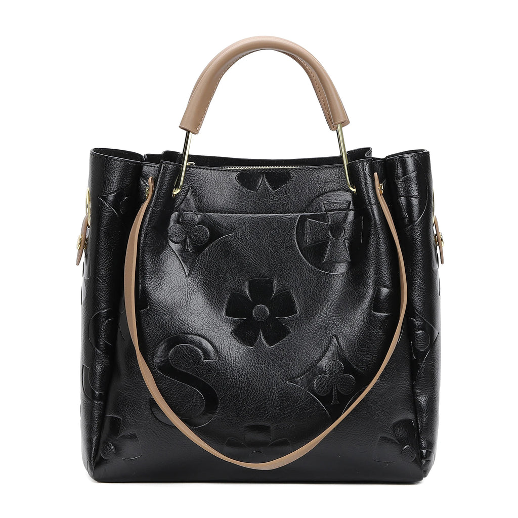 Top Handle Handbag Set Large Shoulder Bag Vegan Leather Ladies Bucket Hobo Tote with Floral Embroidery for Everyday Use
